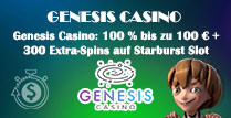Genesis Casino 100% bis zu 100€ + 300 Extra-Spins auf Starburst Slot